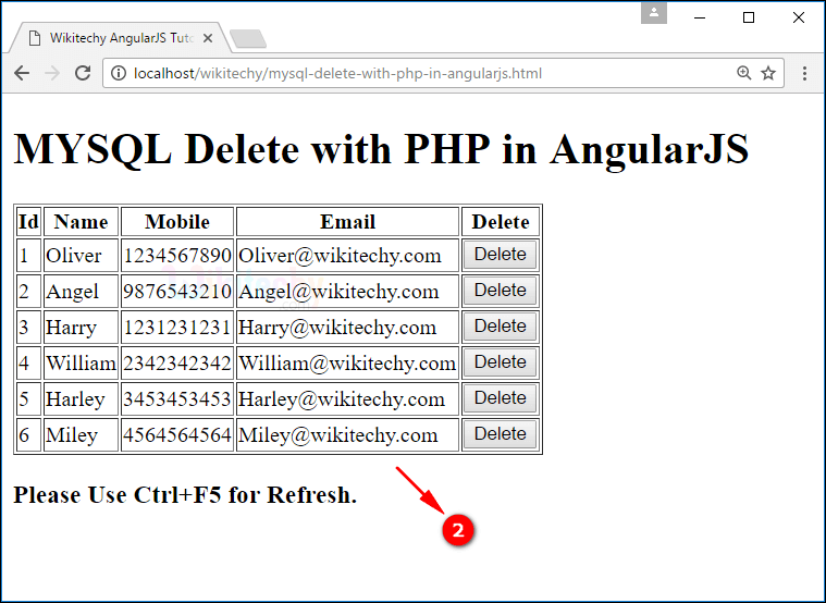 Sample Output for AngularJS delete using PHP Mysql