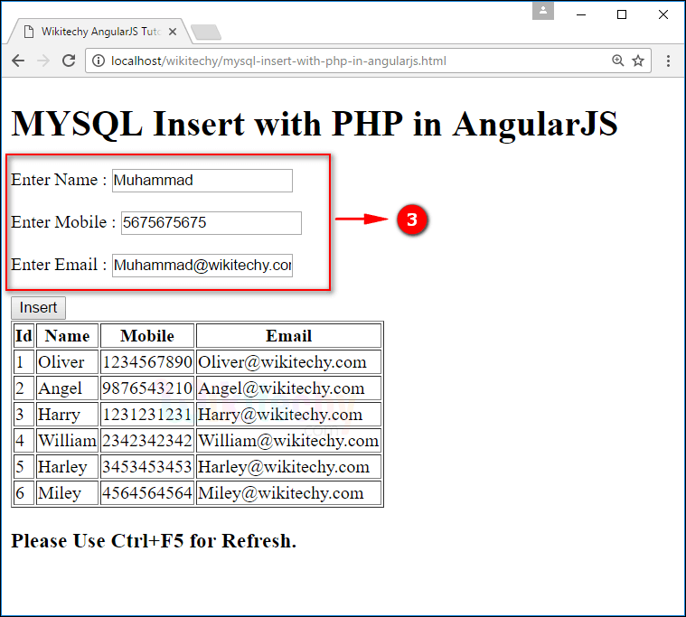 Sample Output for AngularJS insert using PHP Mysql