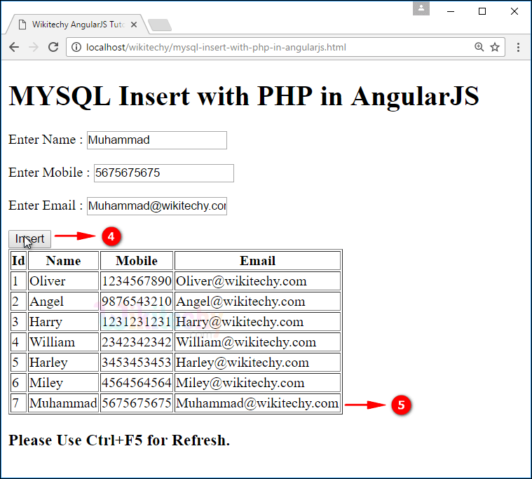 Sample Output for AngularJS insert using PHP Mysql