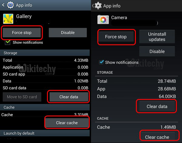 clearing cache and data of gallery and camera app