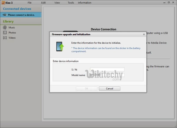 enter serial number and model number in samsung kies