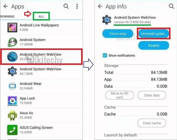 uninstall updates android system webview