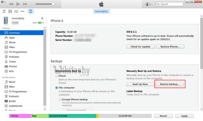 restore iphone from itunes backup